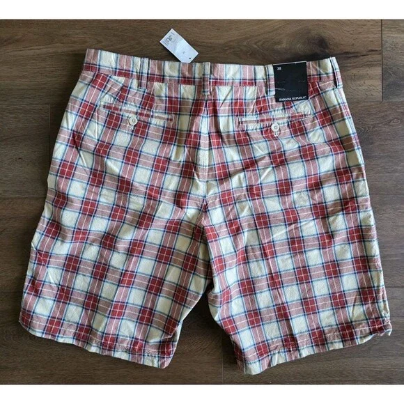 Banana Republic Mens Shorts Sz 38 Red Plaid Shorts Cotton Orange Preppy NEW - Picture 2 of 16